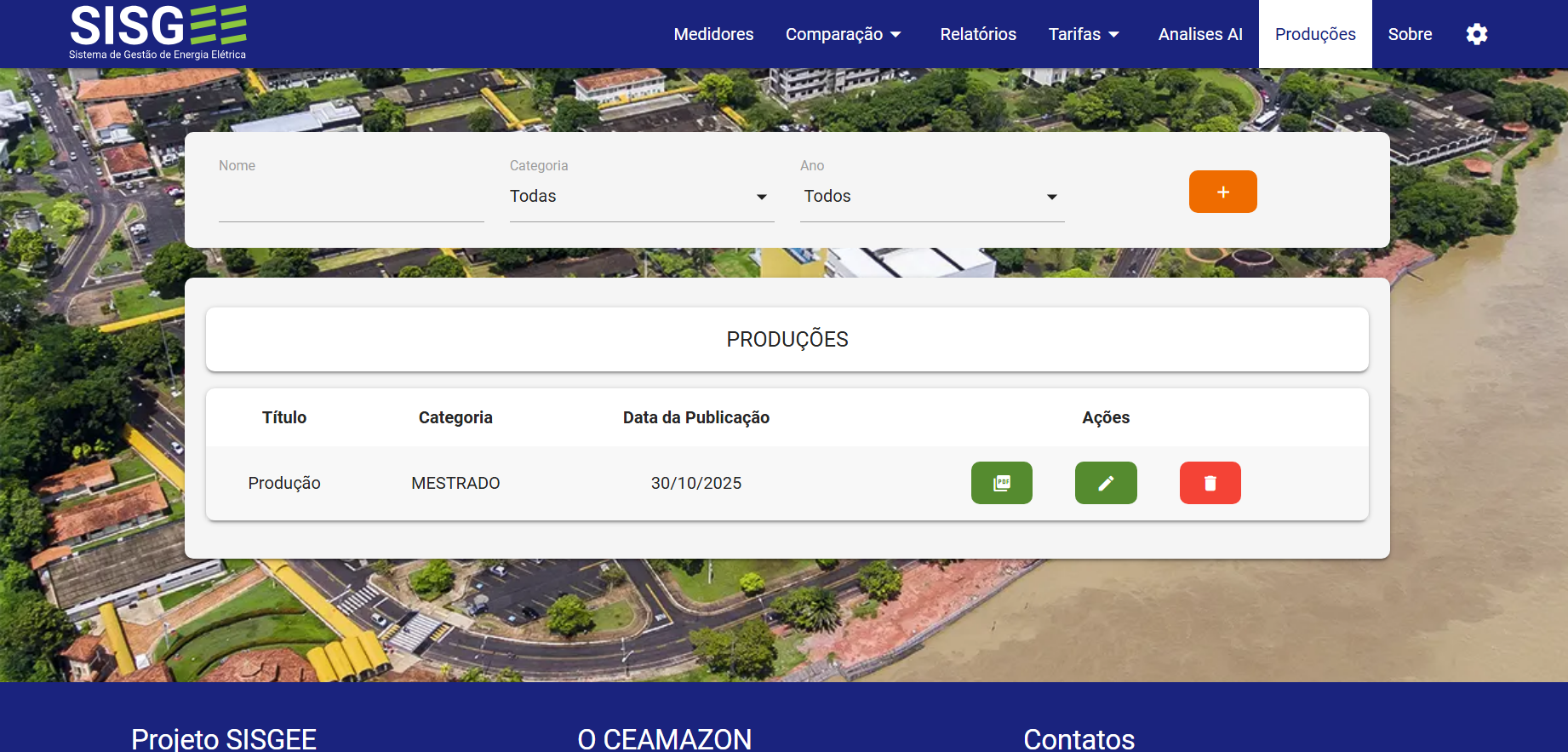 Tela de Produções científicas