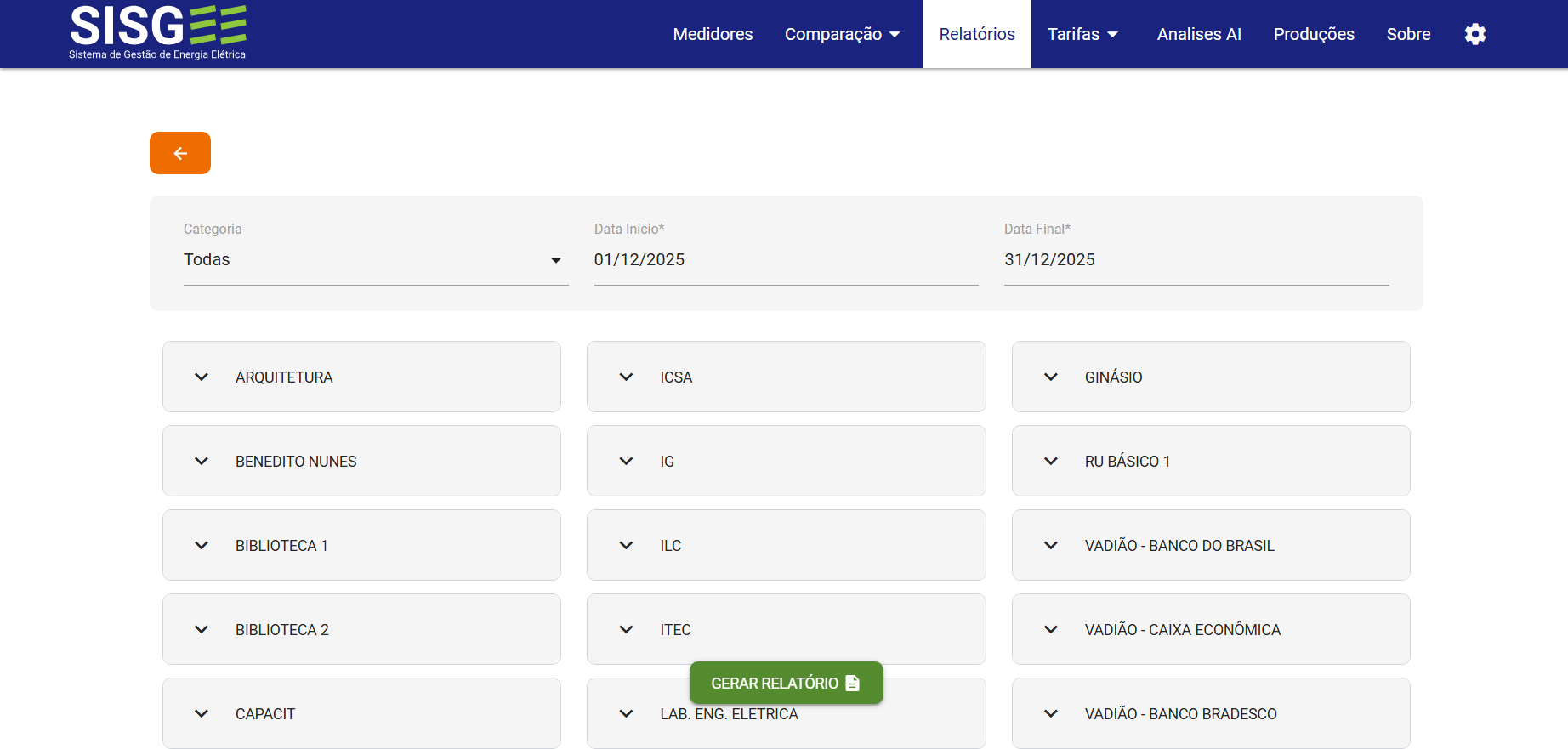 Tela de Relatórios para exportação em PDF
