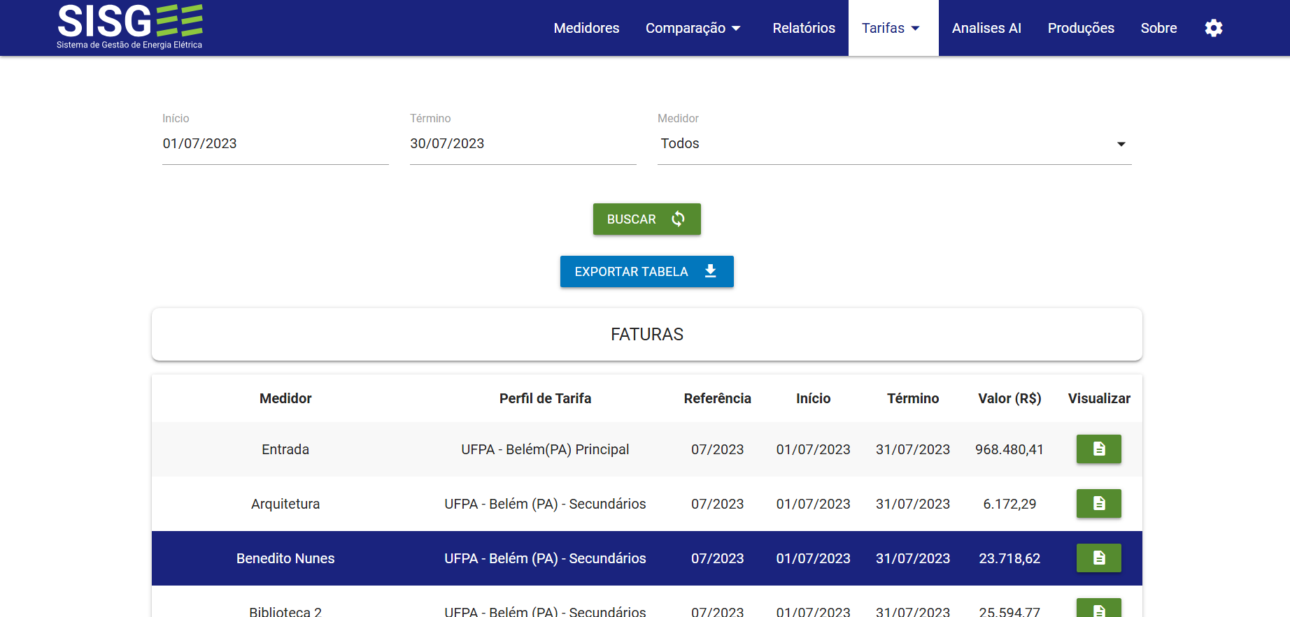 Tela de Tarifas - Faturas e exportação de relatórios